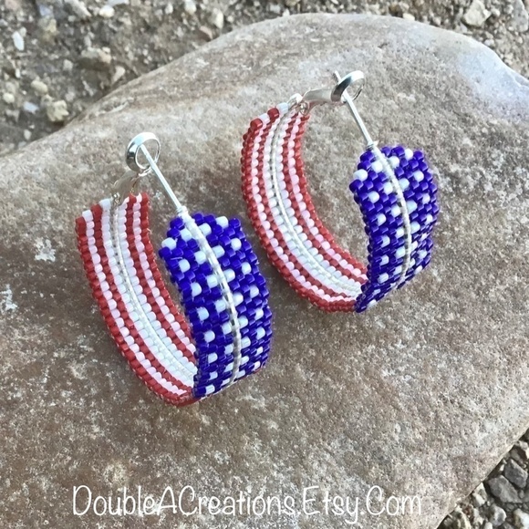 AMERICAN Flag Wide Beaded Hoops - Picture 4 of 5